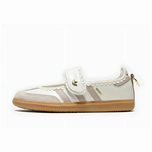 Adidas Women's Mary Jane Samba 'Pink Ruffle Edition' featuring a gold trefoil logo on the hook-and-loop strap.