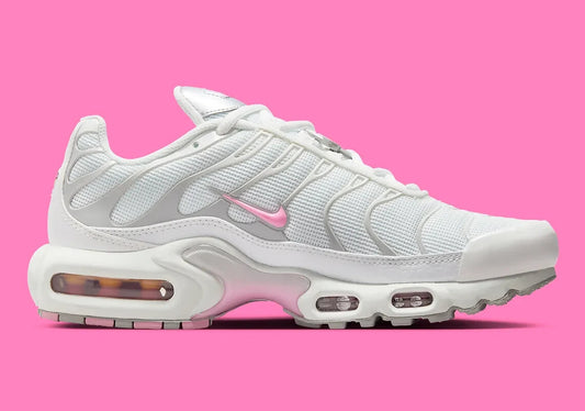 Nike Air Max Plus Women's Shoes in Summit White, Grey Fog, and Pink Rise.