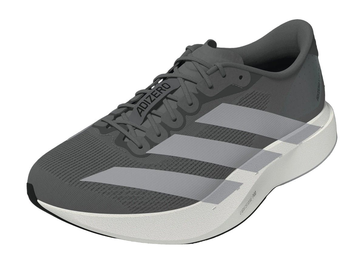 Adidas Adizero EVO SL running shoes in a grey colorway featuring a responsive Lightstrike Pro midsole.