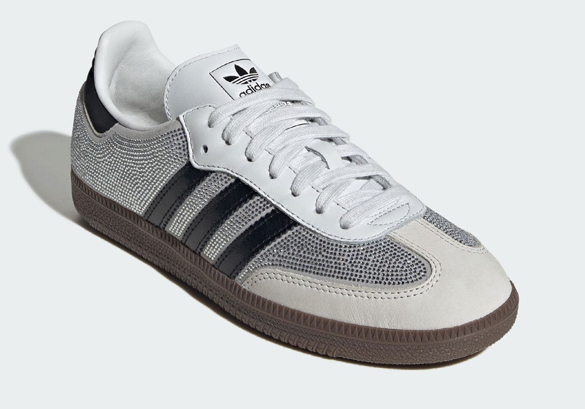 These are the Adidas Samba OG Rhinestone Shoes in Crystal White, featuring a sparkling rhinestone-covered upper