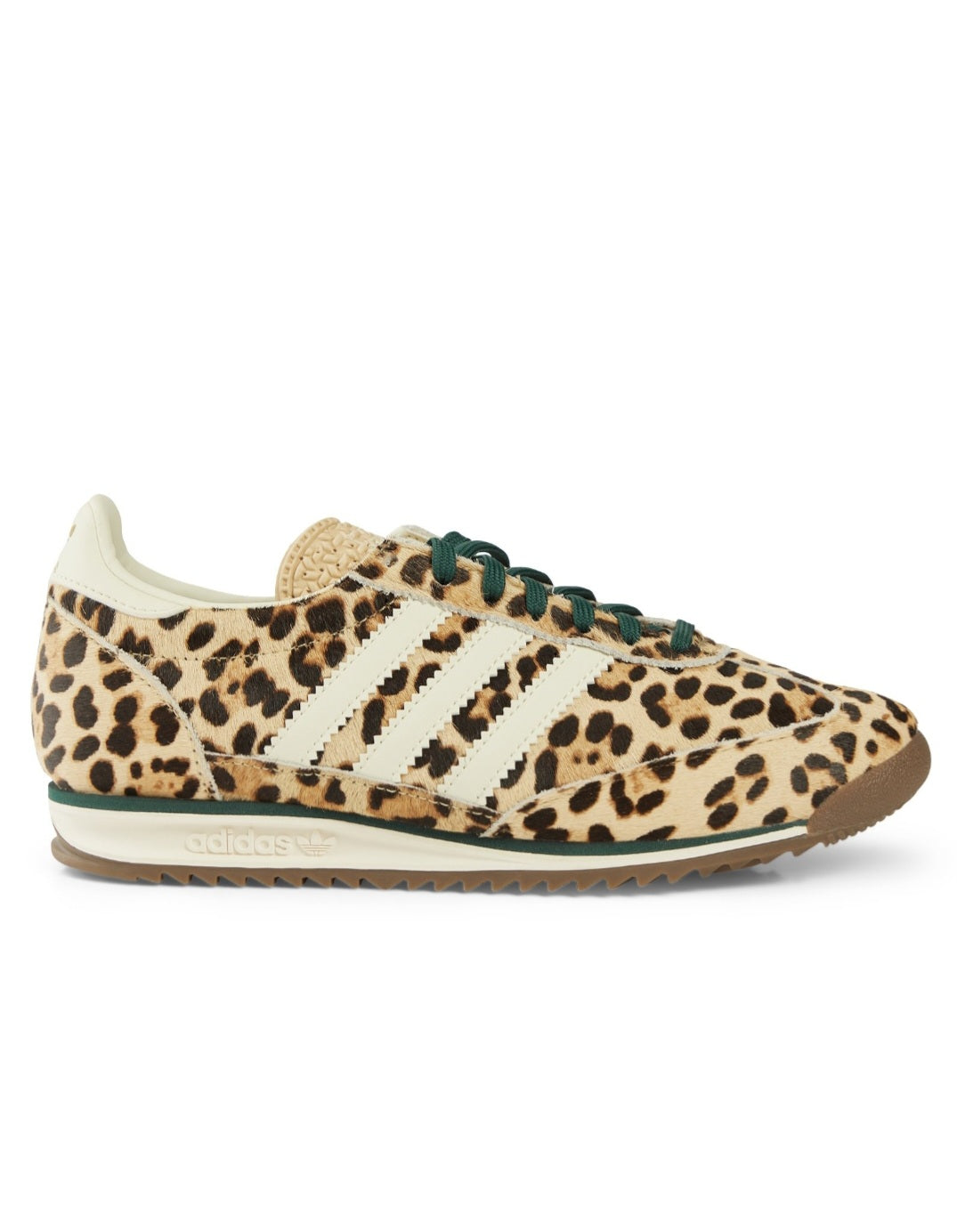 Adidas Originals SL 72 OG 'Leopard' sneakers feature a bold pony-hair leopard print upper complemented by ivory white stripes and dark green laces.