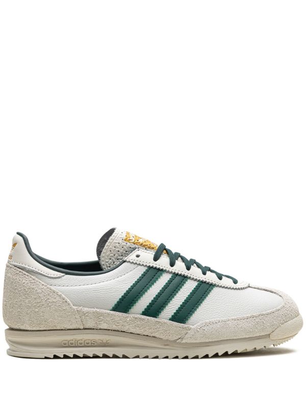 Adidas SL 72 OG shoes in the "Off White/Collegiate Green" colorway, featuring a textured suede and nylon upper.