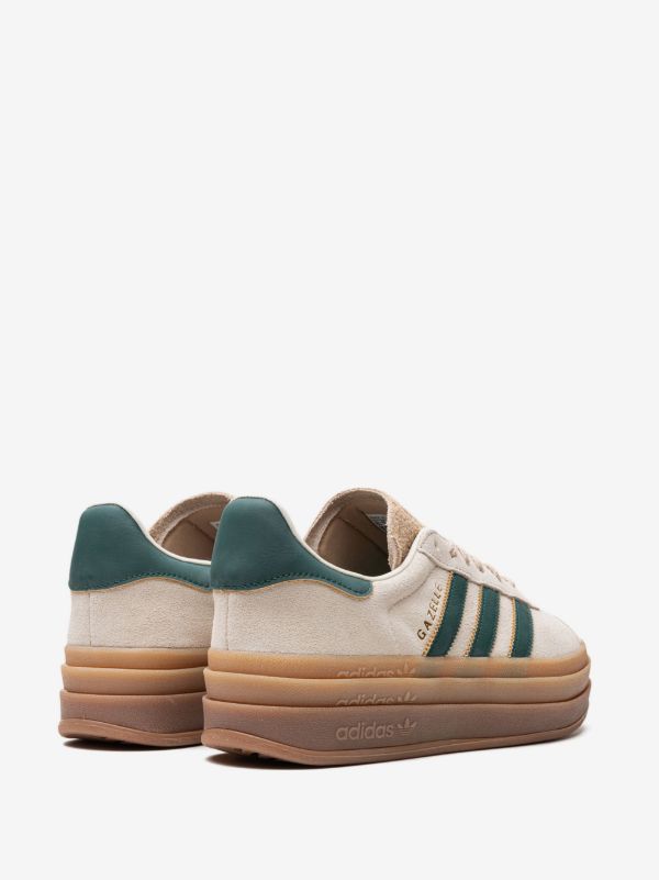 Adidas Originals Gazelle Bold shoes in the "Cream White / Collegiate Green / Magic Beige" colorway, featuring a stacked three-layer gum platform sole.