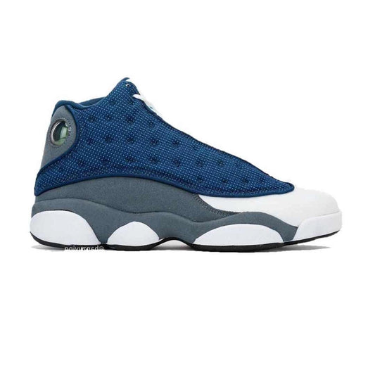Nike Air Jordan 13 Retro "Flint" sneakers, featuring a prominent French Blue mesh overlay.