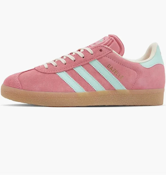 Adidas Gazelle Bold shoes featuring a vibrant pink suede upper and light green stripes.