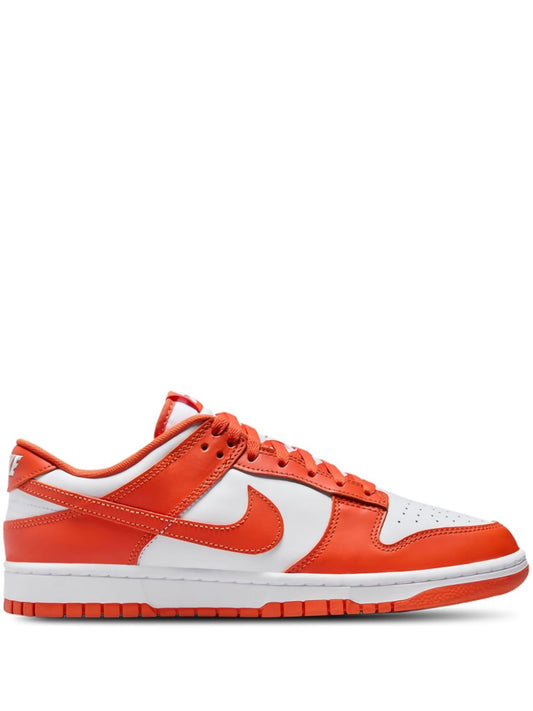 Nike Dunk Low SP "Syracuse" sneakers featuring a vibrant orange and white leather colorway.