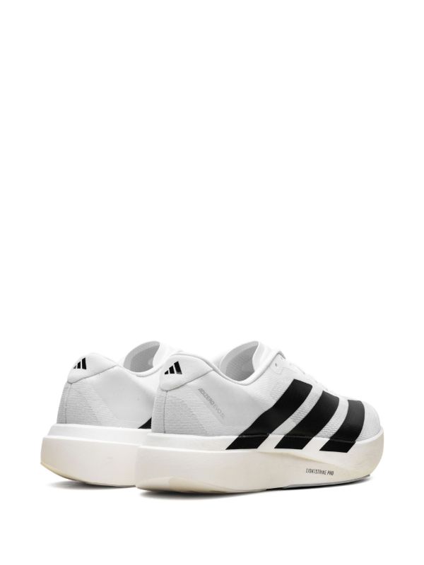 Adidas Adizero EVO SL shoes in a white and black colorway, featuring a sleek