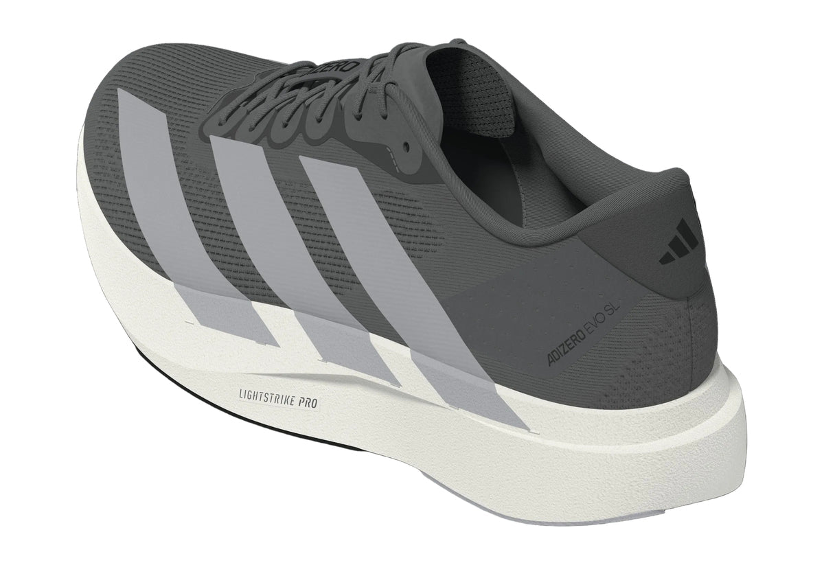 Adidas Adizero EVO SL running shoes in a grey colorway featuring a responsive Lightstrike Pro midsole.