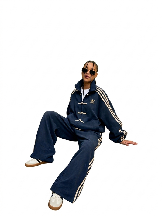 Adidas tracksuit set features unique traditional Chinese-style toggle closures.