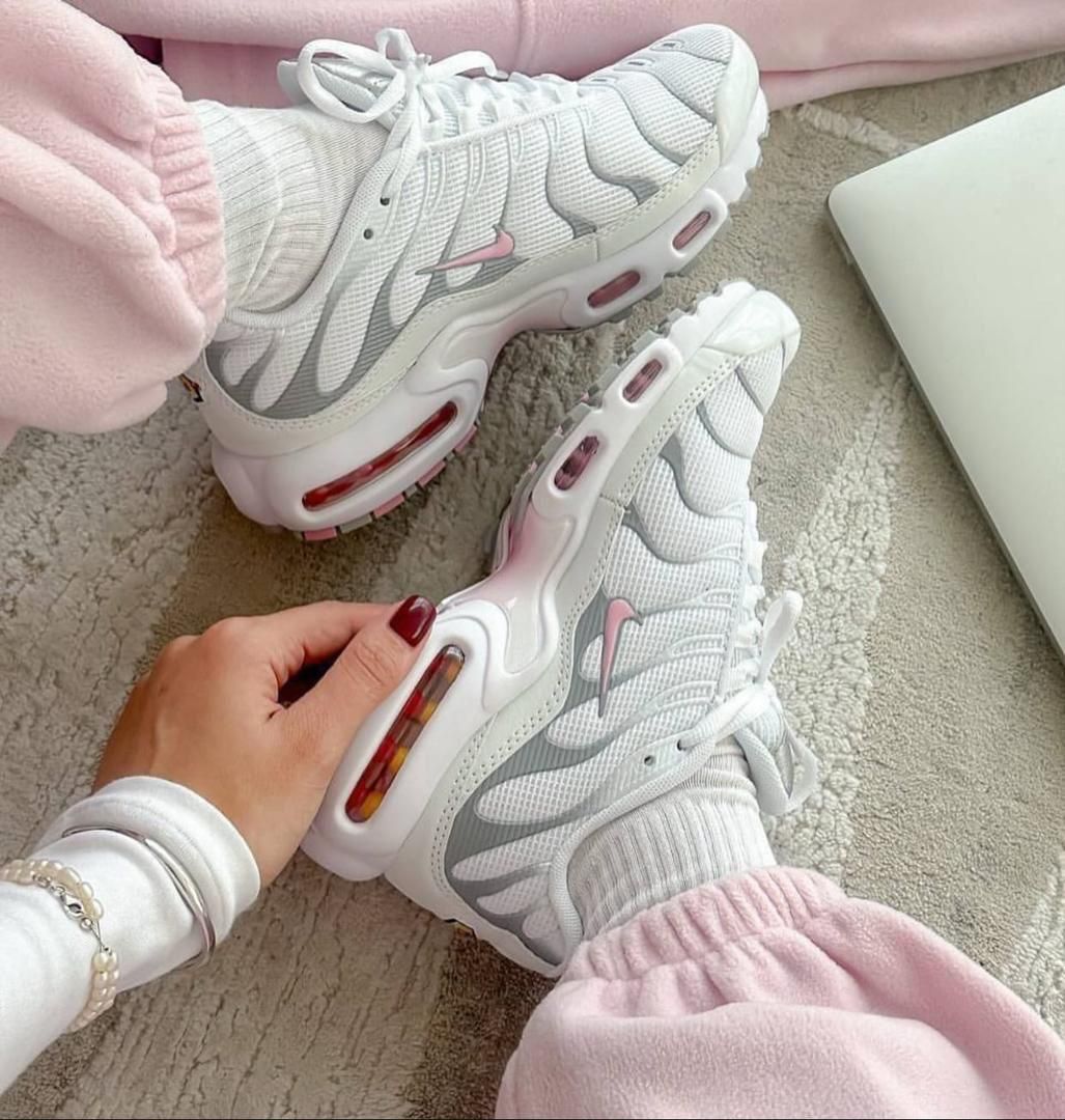 Nike Air Max Plus Women's Shoes in Summit White, Grey Fog, and Pink Rise.