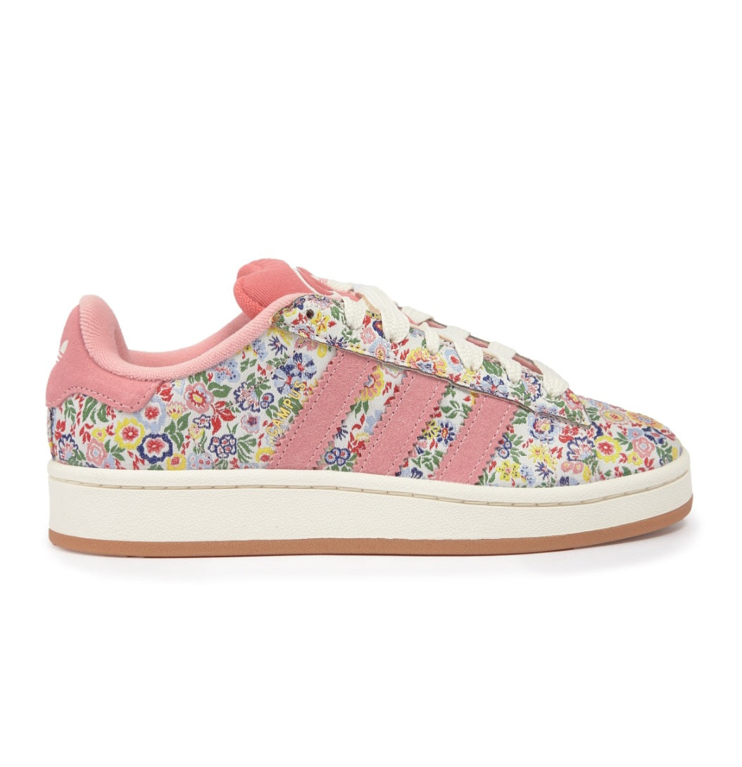 Adidas x Liberty London Campus 00s shoes featuring a vibrant pink floral upper.