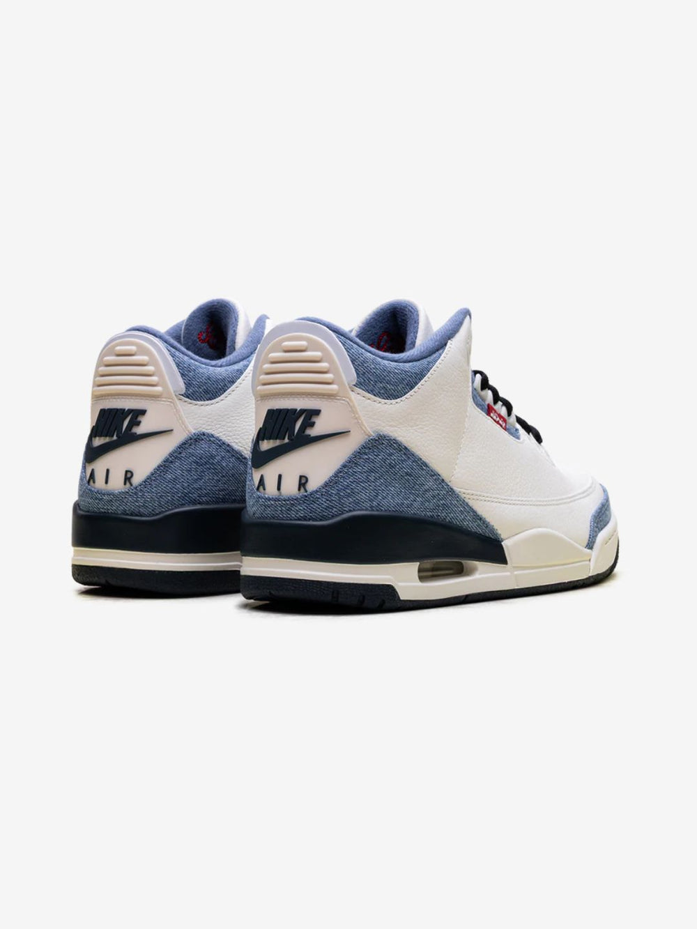 Levi's x Air Jordan 3 Retro "All-Star" pairs crisp sail tumbled leather uppers with washed blue denim overlays and bright gym red Jumpman accents.
