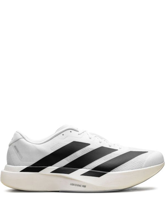 Adidas Adizero EVO SL shoes in a white and black colorway, featuring a sleek