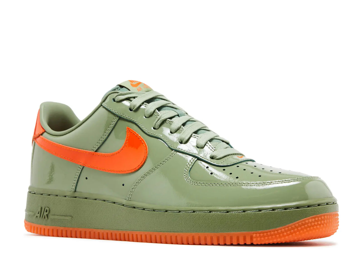 These Nike Air Force 1 '07 Premium sneakers feature a distinctive patent leather upper in Oil Green with contrasting Safety Orange Swooshes and outsoles.Model: Nike Air Force 1 '07 Premium "Oil