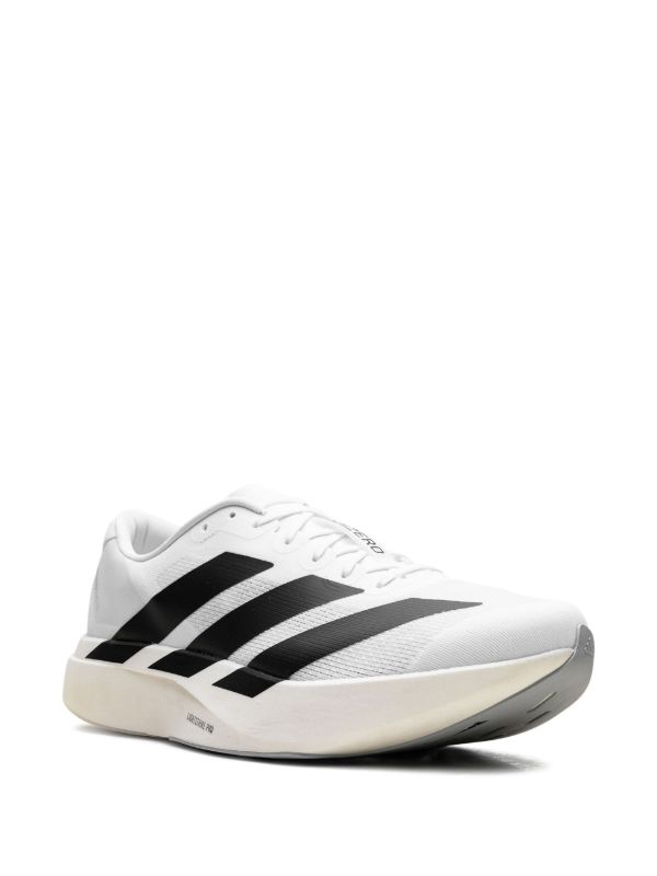 Adidas Adizero EVO SL shoes in a white and black colorway, featuring a sleek