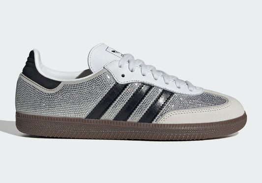 These are the Adidas Samba OG Rhinestone Shoes in Crystal White, featuring a sparkling rhinestone-covered upper