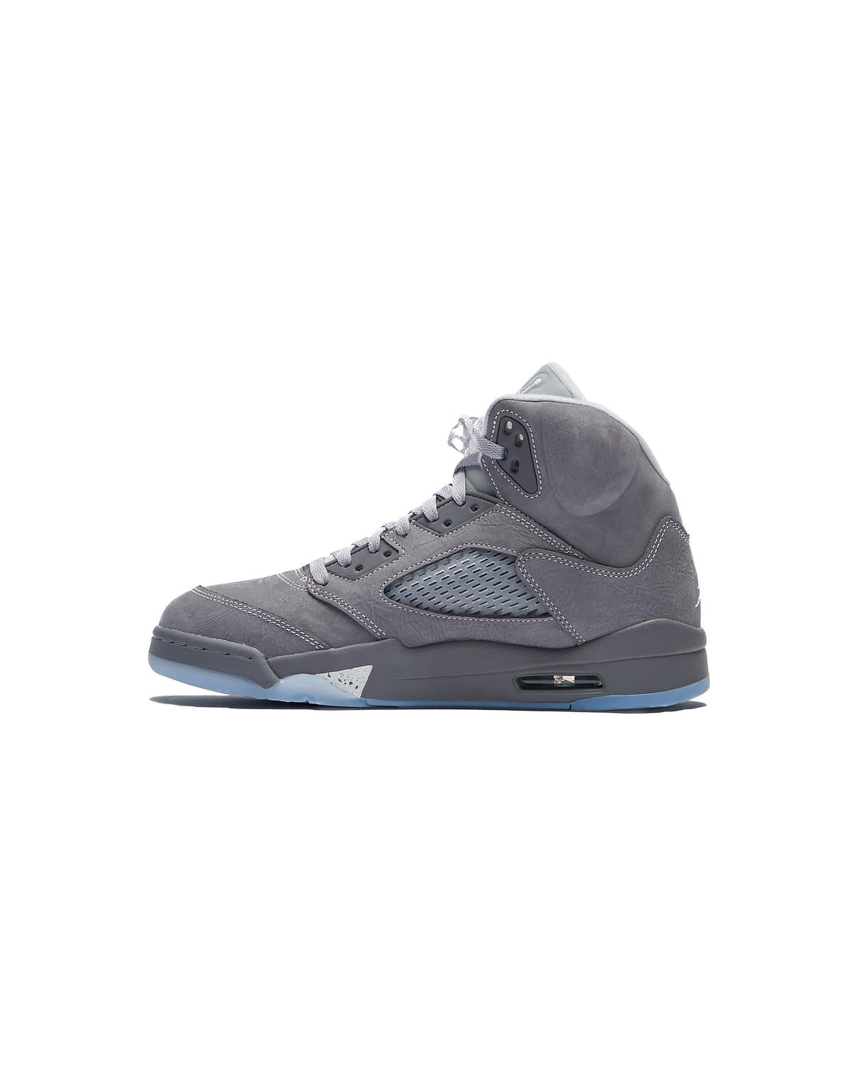 Nike Air Jordan 5 "Wolf Grey" sneakers, recognizable by their light graphite suede upper and translucent icy outsole.