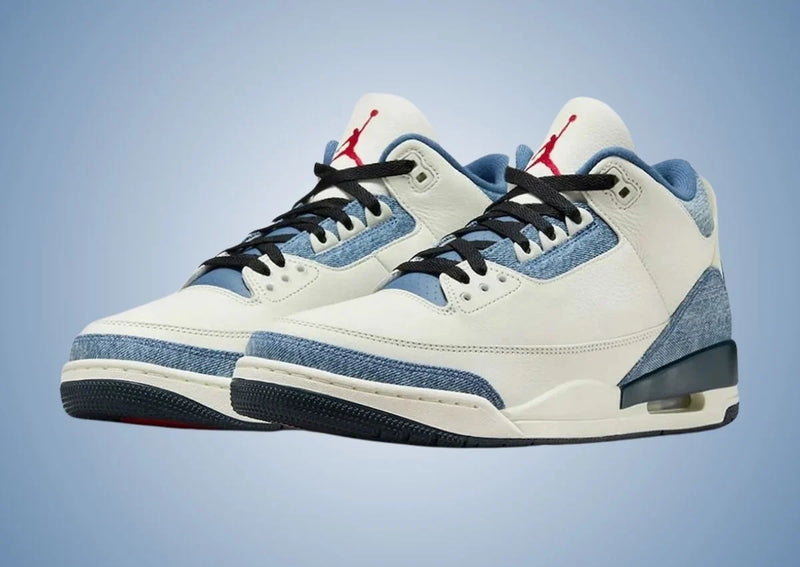 Levi's x Air Jordan 3 Retro "All-Star" pairs crisp sail tumbled leather uppers with washed blue denim overlays and bright gym red Jumpman accents.
