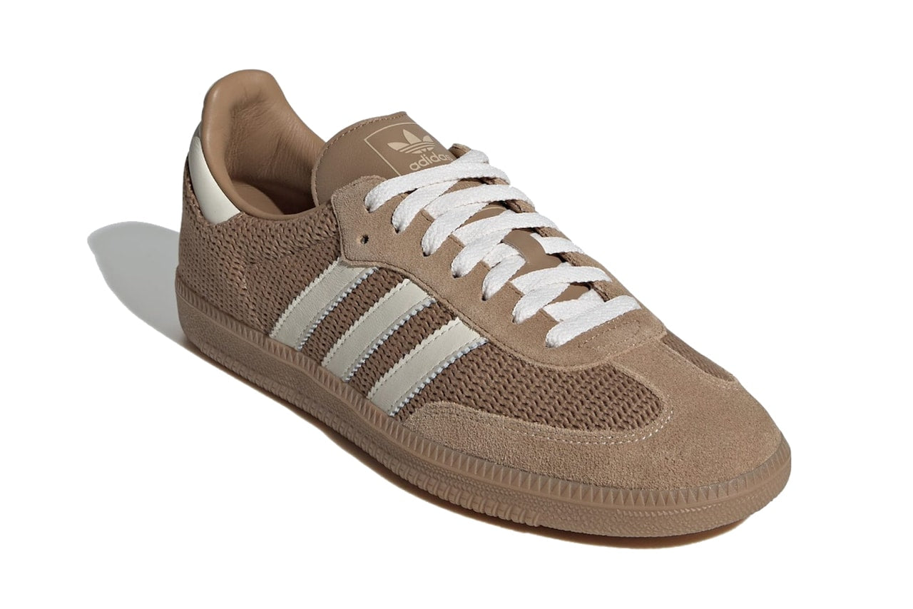 Adidas Samba OG sneakers in the "Cardboard" colorway, featuring a unique brown woven mesh texture on the upper.