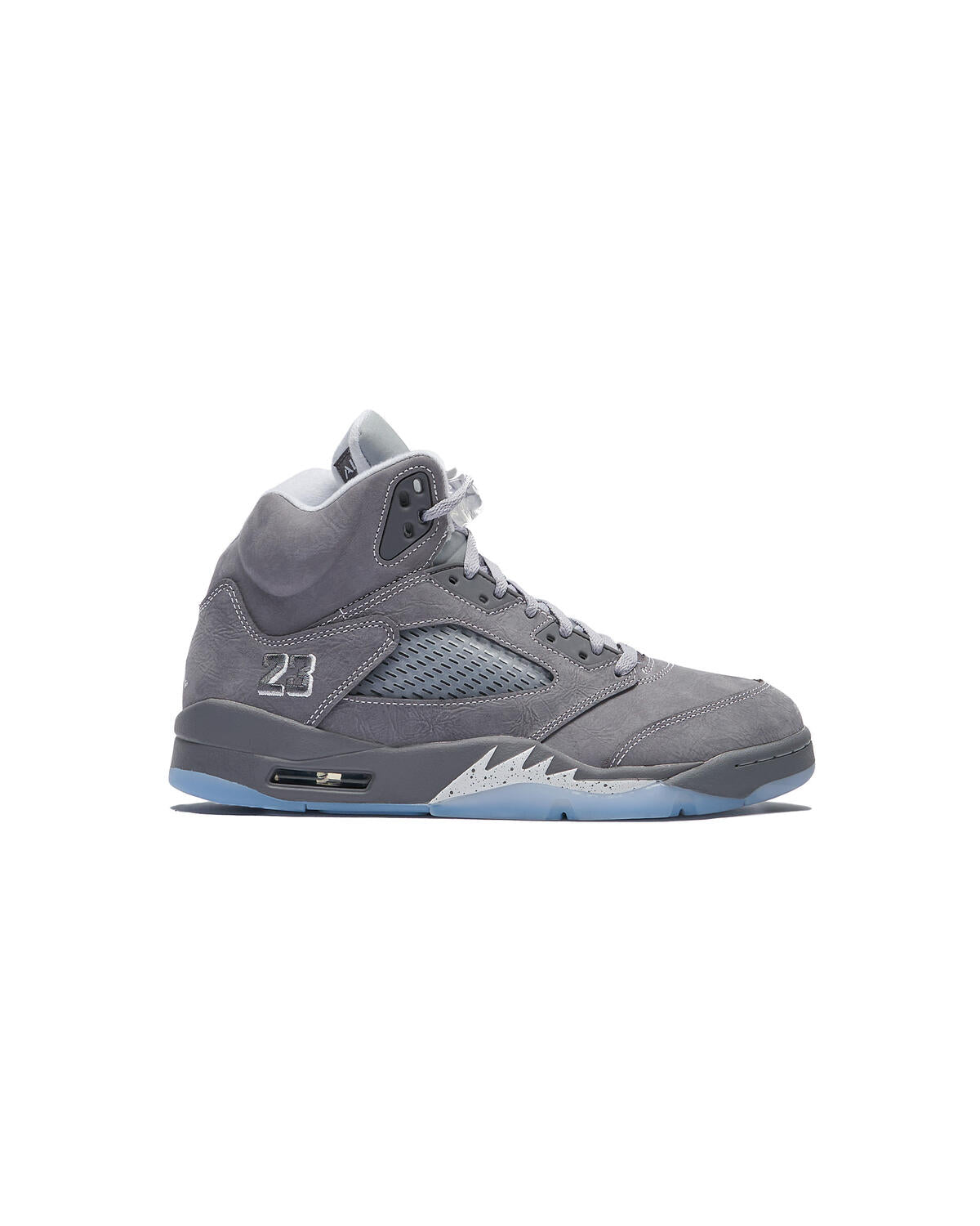 Nike Air Jordan 5 "Wolf Grey" sneakers, recognizable by their light graphite suede upper and translucent icy outsole.