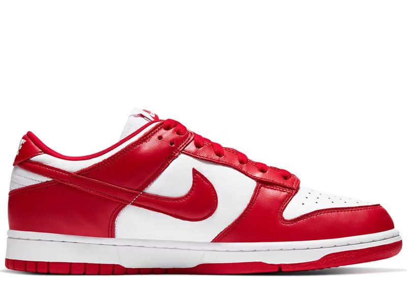 Nike Dunk Low SP "St. John's" sneakers featuring a bold white and university red leather upper.